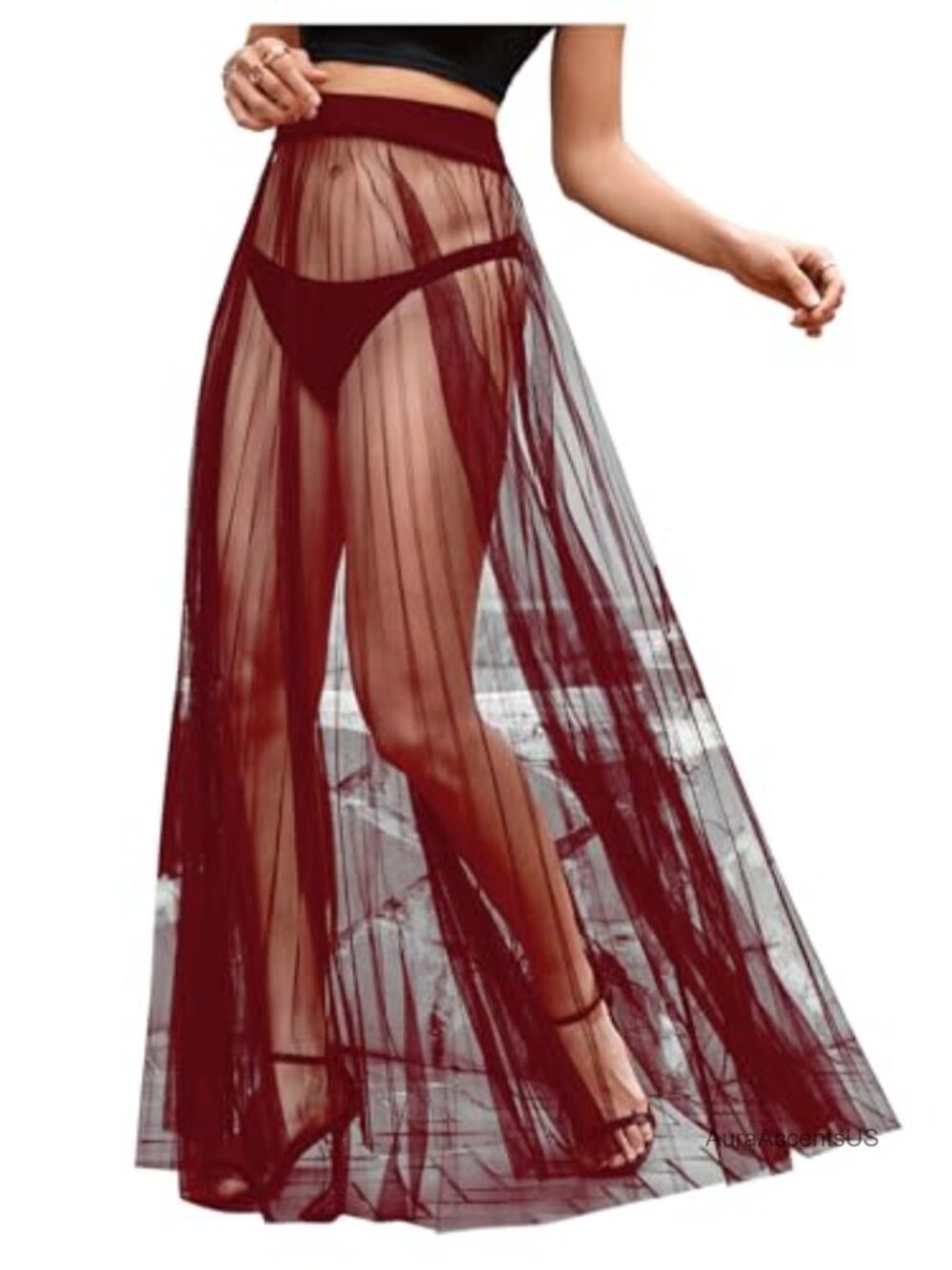 Sheer Mesh Flowy High Waist A-Line Maxi Skirt Summer Beach